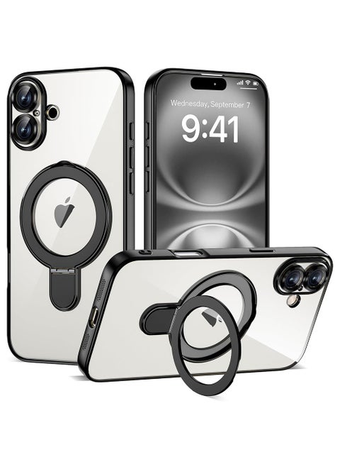 Compatible with iPhone 16 Plus Case with Invisible Magnetic Ring Stand [Compatible with Mag-Safe] [Full Camera Lens Protector] Plating Clear Phone Case for iPhone 16 Plus 6.7",Black