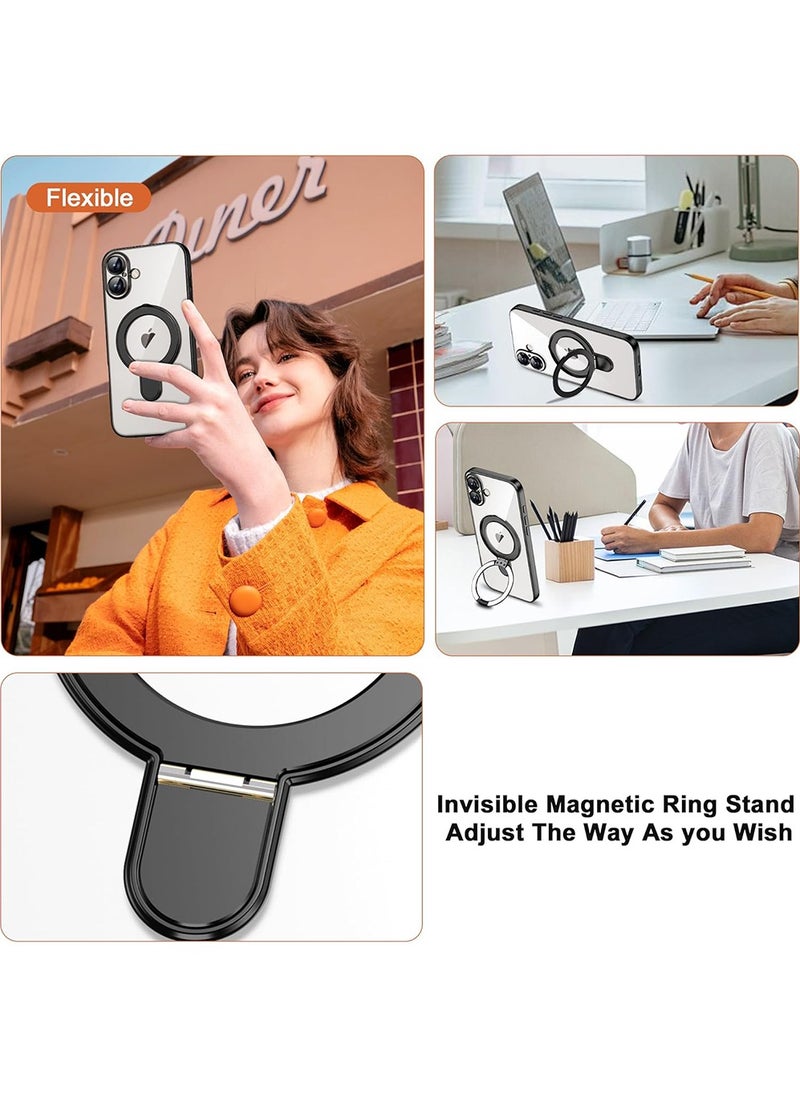 Compatible with iPhone 16 Plus Case with Invisible Magnetic Ring Stand [Compatible with Mag-Safe] [Full Camera Lens Protector] Plating Clear Phone Case for iPhone 16 Plus 6.7",Black