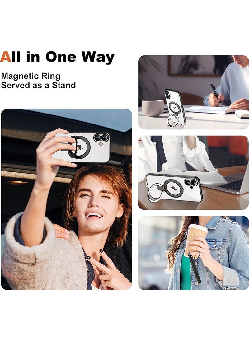 Compatible with iPhone 16 Plus Case with Invisible Magnetic Ring Stand [Compatible with Mag-Safe] [Full Camera Lens Protector] Plating Clear Phone Case for iPhone 16 Plus 6.7",Black