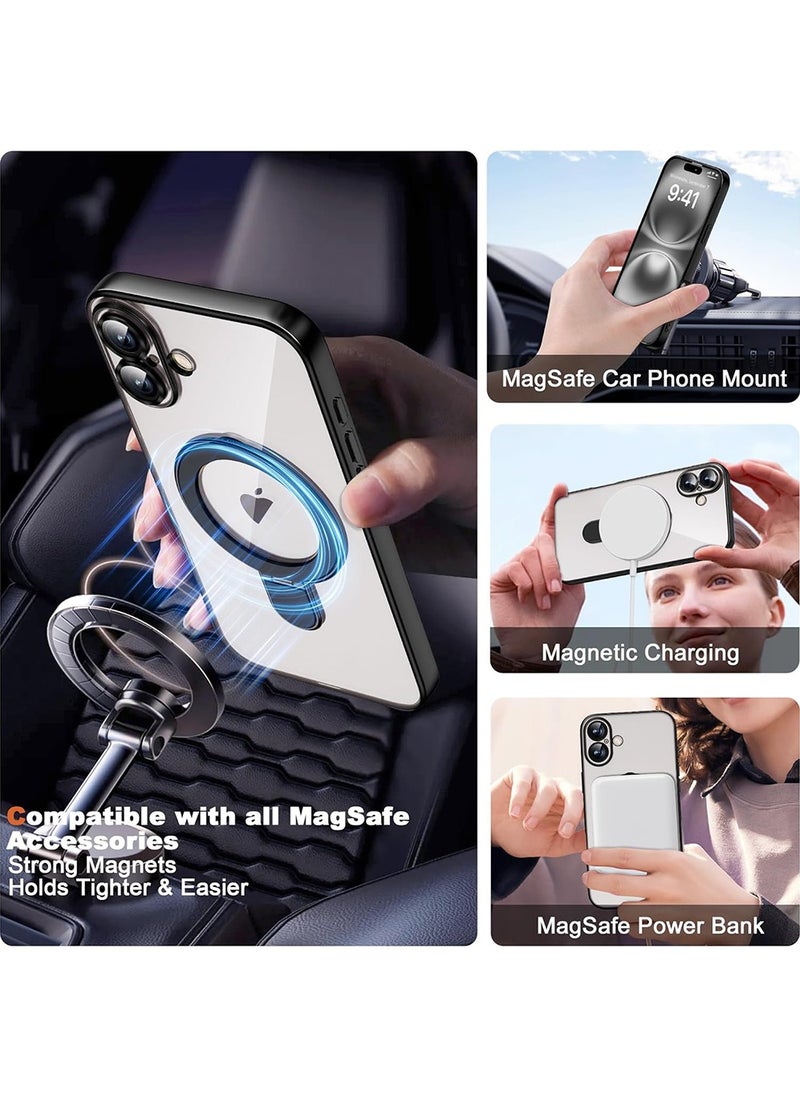 Compatible with iPhone 16 Plus Case with Invisible Magnetic Ring Stand [Compatible with Mag-Safe] [Full Camera Lens Protector] Plating Clear Phone Case for iPhone 16 Plus 6.7",Black