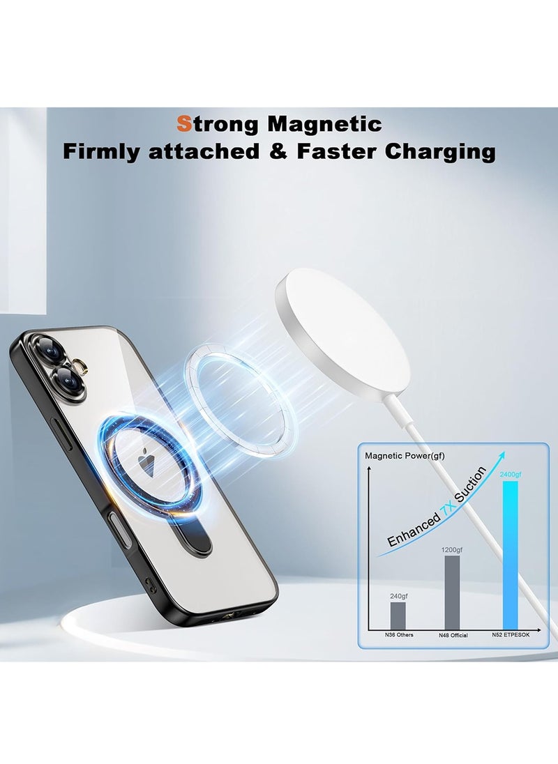 Compatible with iPhone 16 Plus Case with Invisible Magnetic Ring Stand [Compatible with Mag-Safe] [Full Camera Lens Protector] Plating Clear Phone Case for iPhone 16 Plus 6.7",Black