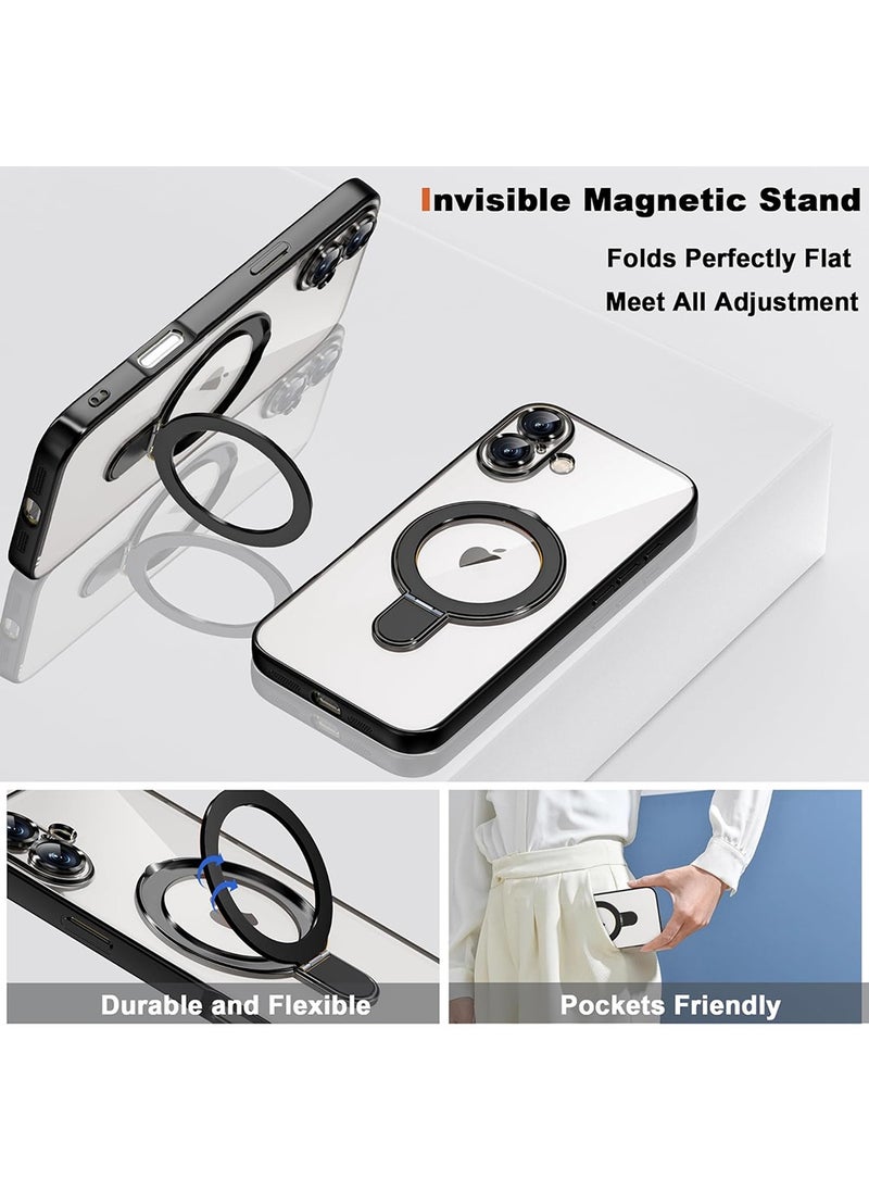 Compatible with iPhone 16 Plus Case with Invisible Magnetic Ring Stand [Compatible with Mag-Safe] [Full Camera Lens Protector] Plating Clear Phone Case for iPhone 16 Plus 6.7",Black