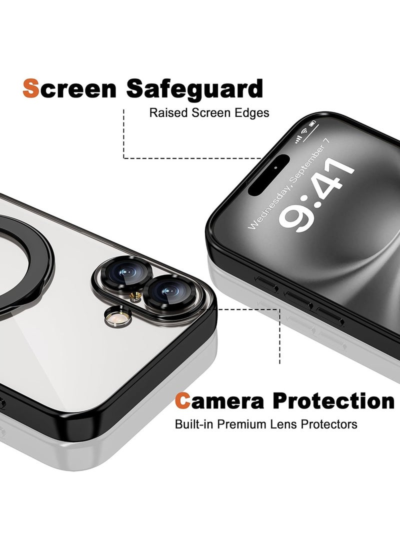 Compatible with iPhone 16 Plus Case with Invisible Magnetic Ring Stand [Compatible with Mag-Safe] [Full Camera Lens Protector] Plating Clear Phone Case for iPhone 16 Plus 6.7",Black