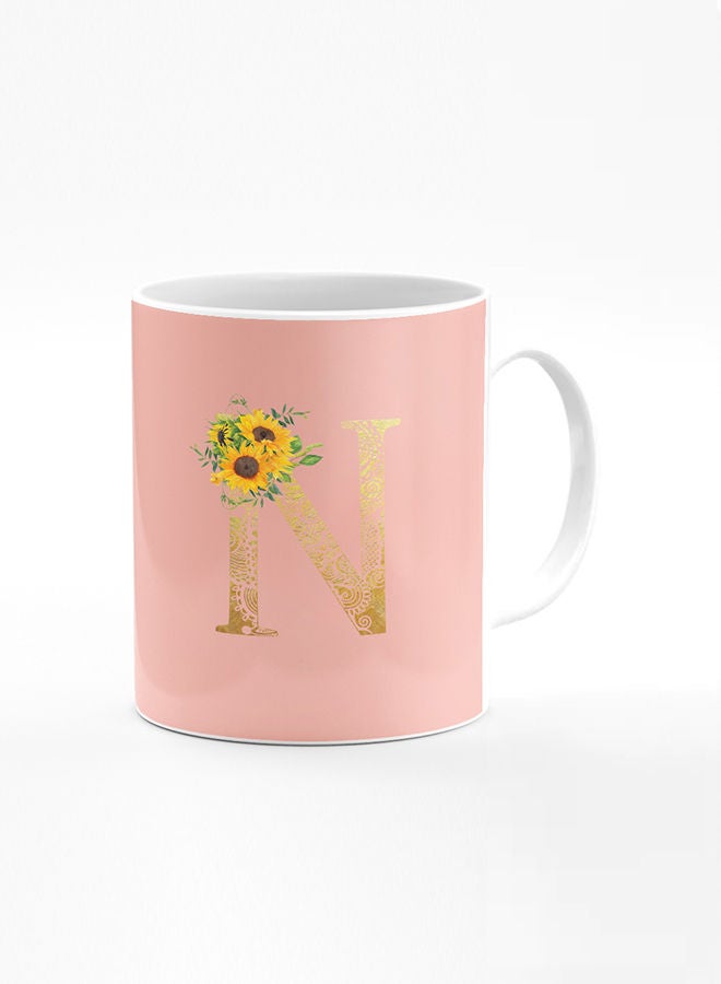 Stylizedd Designer Printed Coffee Mug 11oz Ceramic Personalised Gift Mugs Cup Custom Monogram Initial Letter Floral Pattern Alphabet N (Hot Pink) - Image 1