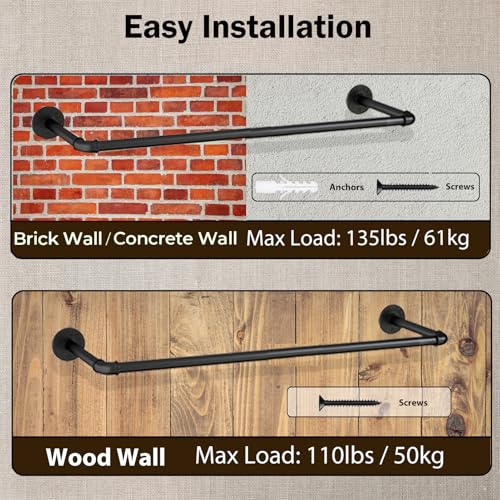 UlSpeed Wall Mounted Clothes Rack 21.06in, Industrial Pipe Wall Mount Clothing Rack, Heavy Duty Iron Garment Racks, Space Saver Multi-purpose Hanging Rod for Laundry Room, Closet Storage, 1 Pack - Image 3