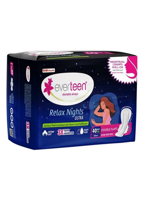 Xxl Relax Nights Ultra Thin Sanitary Pads With Neem And Safflower, Menstrual Cramps Roll-On Inside Pack - 1 Pack (40 Pads, 320Mm)