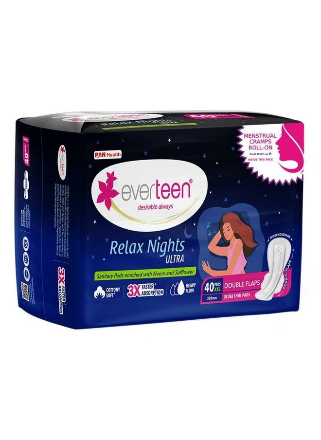everteen Xxl Relax Nights Ultra Thin Sanitary Pads With Neem And Safflower, Menstrual Cramps Roll-On Inside Pack - 1 Pack (40 Pads, 320Mm)  - Image 1