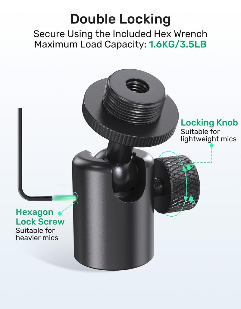 Borenbuir Ball and Socket Head Microphone Adapter with Angle Adjustment– 360° Pan & 90° Tilt, with 5/8" and 3/8" All-Metal Adapter, Camera, Lightweight & Secure Locking, Swivel Mic Stand Adapter, Strong - Image 3