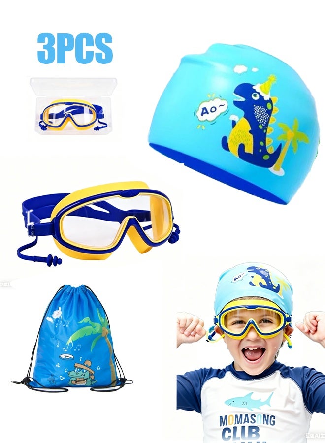 BOFAN 3 in-1 Children's Swimming Caps with Goggles and backpack, Suitable for both Girls and Boys, Silicone Waterproof Swimming and Swimming Caps（BLUE） - Image 1