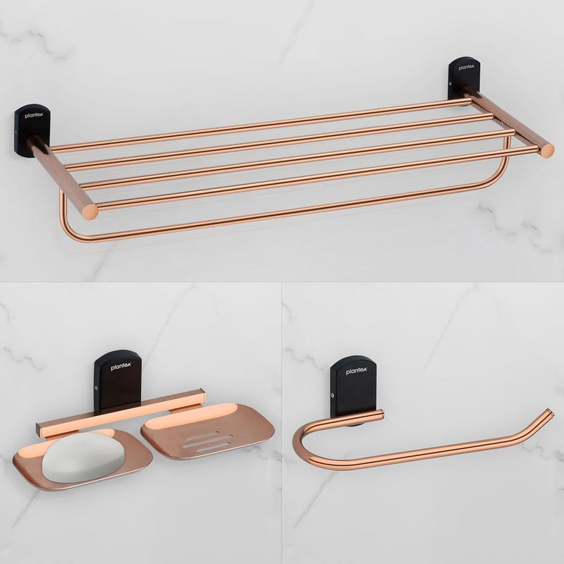 plantex Plantex Parv 304 Grade Stainless Steel Towel Rack for Bathroom/Double Soap Holder/Napkin Ring/Bathroom Accessories - Rose Gold & Black  - Image 1