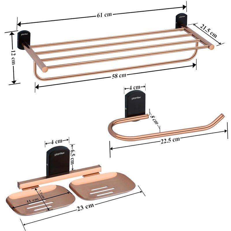plantex Plantex Parv 304 Grade Stainless Steel Towel Rack for Bathroom/Double Soap Holder/Napkin Ring/Bathroom Accessories - Rose Gold & Black  - Image 2
