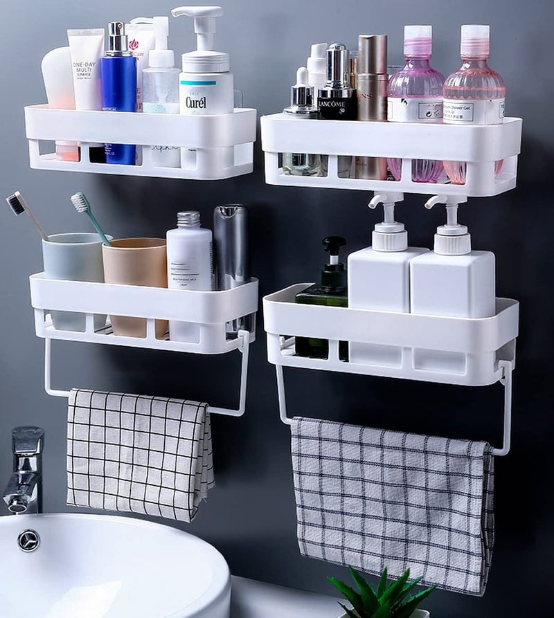 MorivaHomes Multipurpose Drilling Free Wall Mount Bathroom Organizer Shelf White 4 Bathroom Shelf 2 Towel Hanger - Image 1