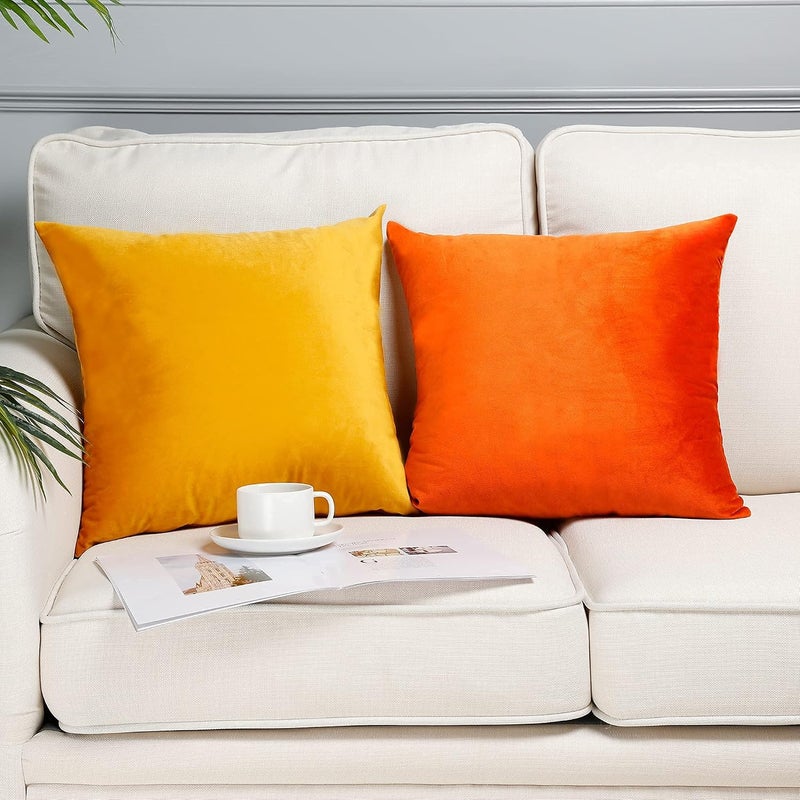 MZPSO Velvet Super Soft Solid Decorative Square Throw Pillows Covers 18 x 18 Inch Set Cushion Case for Sofa Bedroom Car 45 x 45 cm Pack of 2, Orange Yellow - Image 2