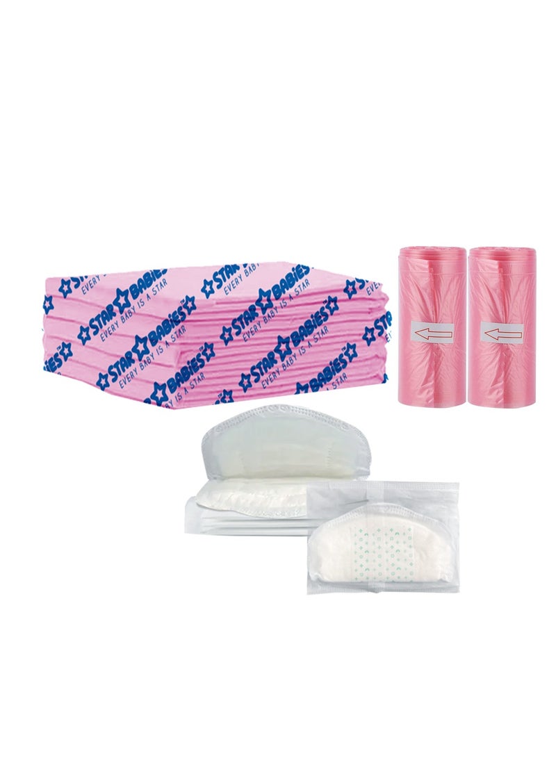 STAR BABiES Star Babies Combo Pack (Disposable Changing mat 6pcs, Scented Bag 2pcs (30bags) with  Disposable Breast Pad 5pcs) - Pink  - Image 1