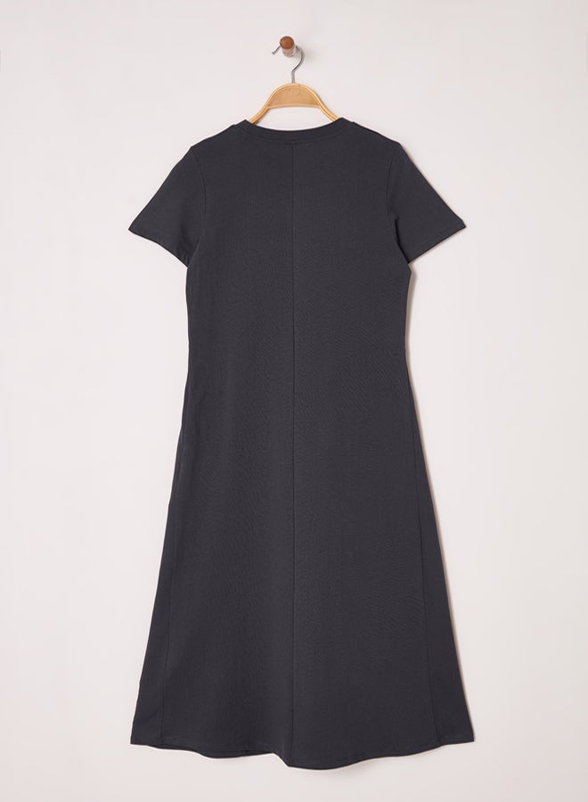 trendyol anthracite Plain T-shirt Dress Pocket Midi Knitted Dress  - Image 3