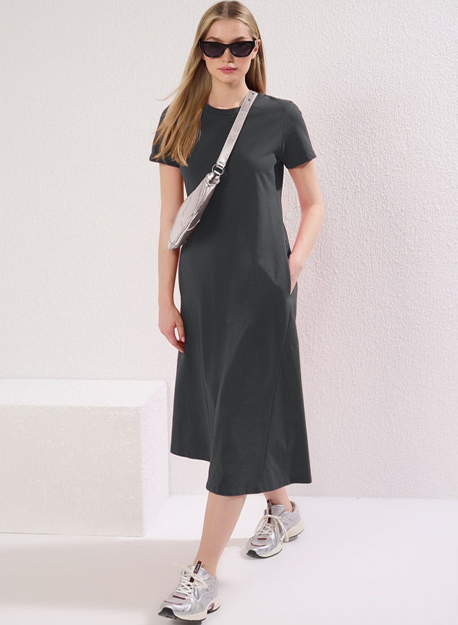 trendyol anthracite Plain T-shirt Dress Pocket Midi Knitted Dress  - Image 2