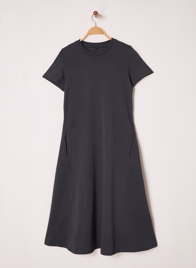 trendyol anthracite Plain T-shirt Dress Pocket Midi Knitted Dress - Image 2