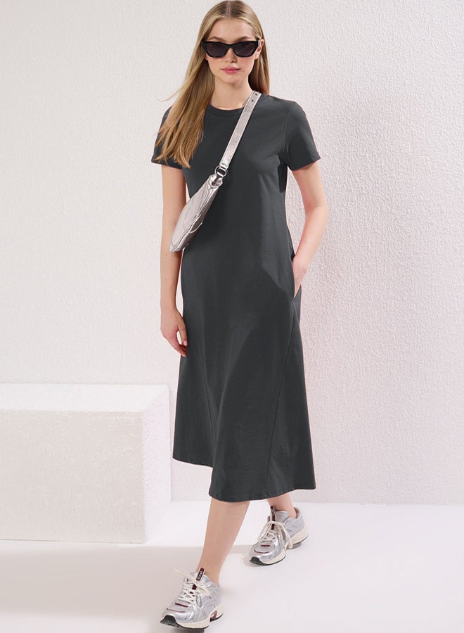 trendyol anthracite Plain T-shirt Dress Pocket Midi Knitted Dress - Image 1