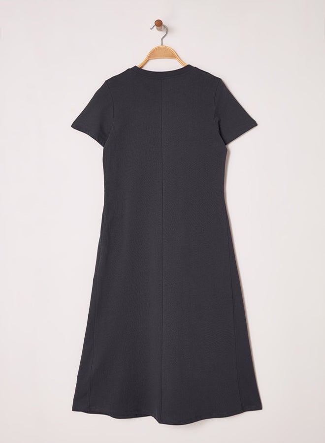 trendyol anthracite Plain T-shirt Dress Pocket Midi Knitted Dress - Image 4