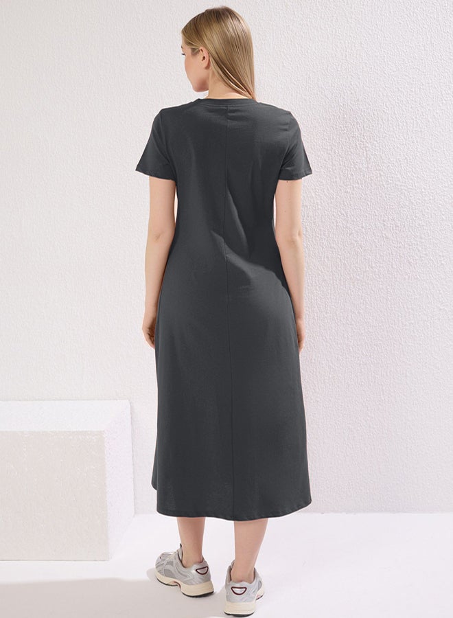 trendyol anthracite Plain T-shirt Dress Pocket Midi Knitted Dress - Image 5
