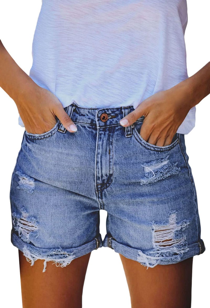 Pink Queen Women's Ripped Denim Jean Shorts Mid Rise Summer Hot Raw Hem Fashion Vintage Destroyed Distressed Athletic Shorts with Pockets Dark Blue XL - Image 2