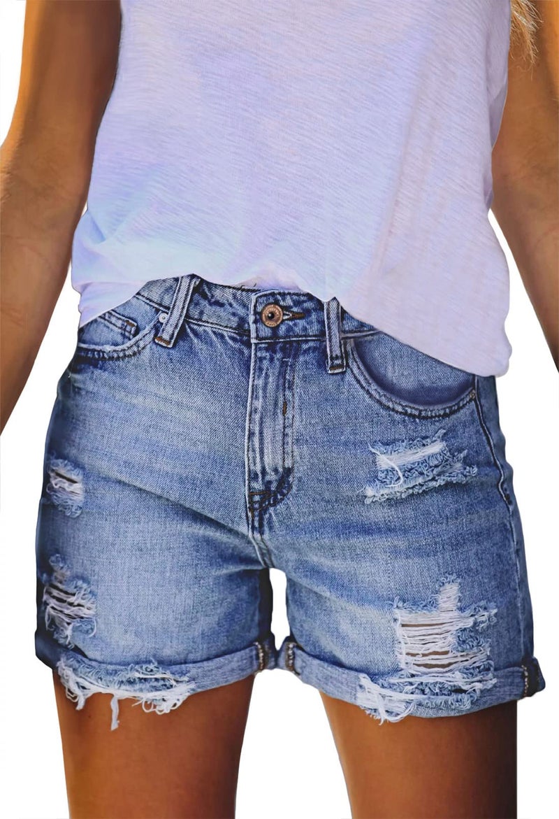 Pink Queen Women's Ripped Denim Jean Shorts Mid Rise Summer Hot Raw Hem Fashion Vintage Destroyed Distressed Athletic Shorts with Pockets Dark Blue XL - Image 1