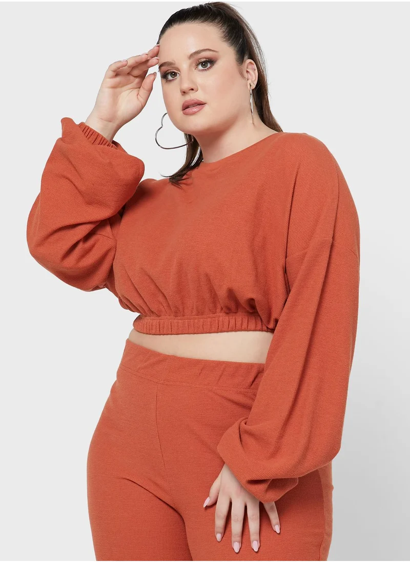Public Desire Curve Waffle Cropped Oversized Sweatshirt