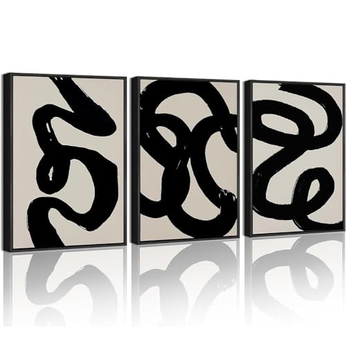 PHOPAGO Black Abstract Wall Art Ink Wash Minimalist Lines Framed Canvas Painting Artwork 11x14in Black Framed - Image 1