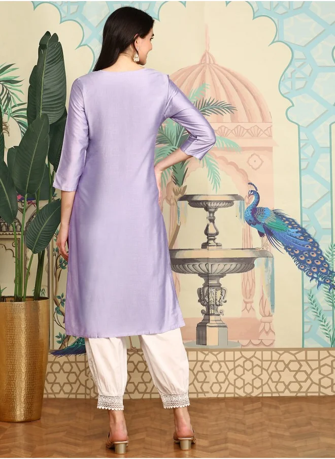 آي شين Aline Fit Self Design Pattern Round Neck Neck Three-Quarter Sleeves Lilac Colour Knitted Cotton Kurtas for Women with Semi Elastic Closure - A Timeless Addition to Your Collection