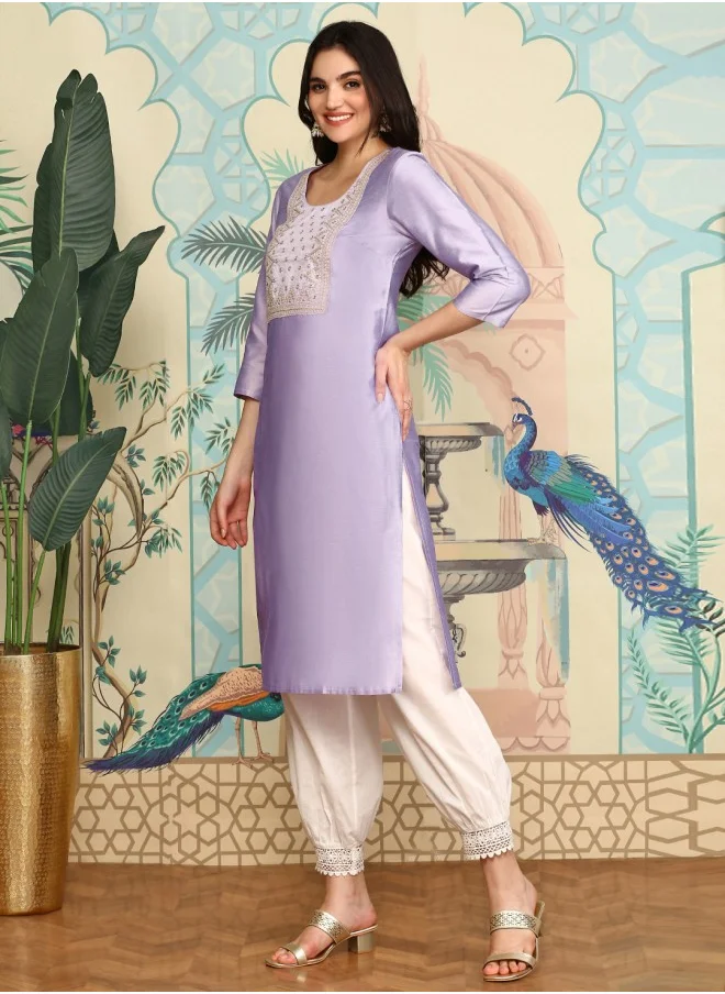 آي شين Aline Fit Self Design Pattern Round Neck Neck Three-Quarter Sleeves Lilac Colour Knitted Cotton Kurtas for Women with Semi Elastic Closure - A Timeless Addition to Your Collection