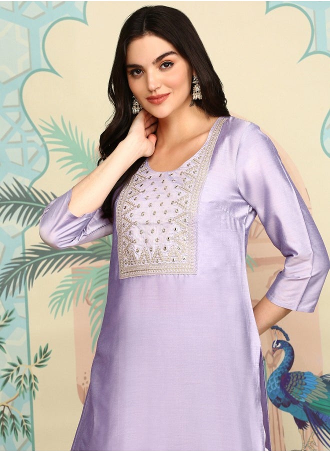 ISHIN Women's Lilac 100% Cotton Self Design A-Line Kurta  - Image 2