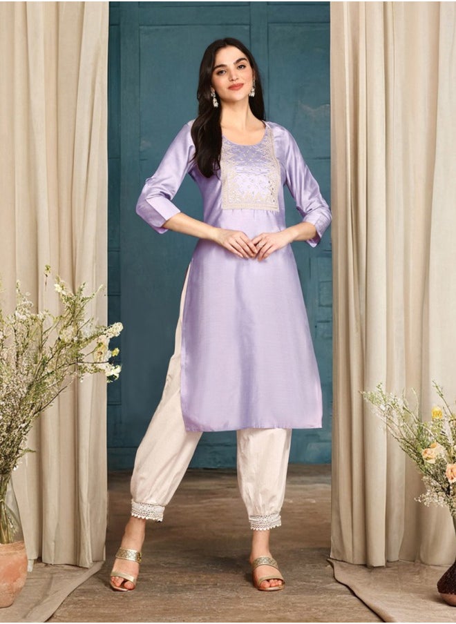 ISHIN Women's Lilac 100% Cotton Self Design A-Line Kurta  - Image 1