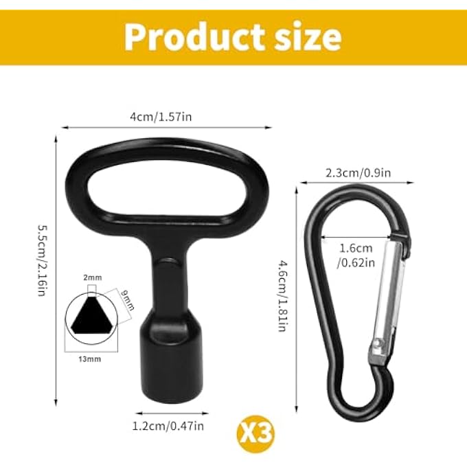 PACK OF 3 8 MM TRIANGULAR KEY WHEELIE BIN, TRIANGLE KEY WITH CARABINER, UNIVERSAL 3-SIDED KEY, FIRE BRIGADE KEY, TRIANGULAR TAP KEY, TRIANGULAR KEY FOR RADIATORS - Image 3