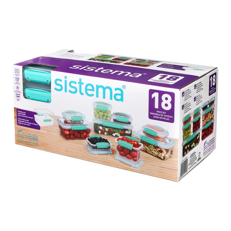 Sistema 18Piece Food Storage Containers with Lids for Lunch Meal Prep and Leftovers Dishwasher Safe ClearBlue