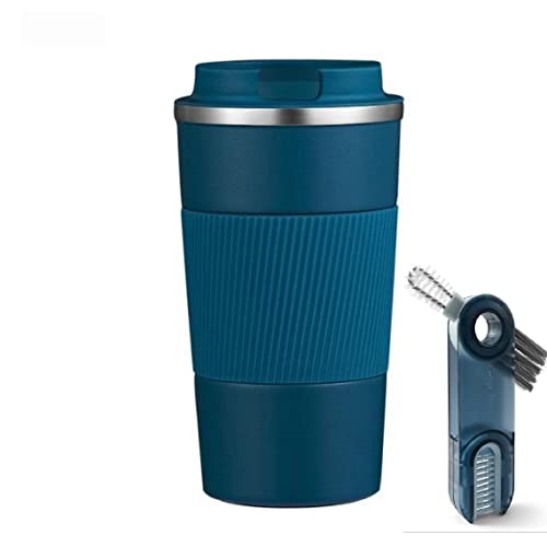 Wosta Travel Mug, Insulated Coffee Cup with Leakproof Lid,Vacuum Insulation Stainless Steel Reusable for Hot Cold Coffee, Non-Slip Protective Cover, (Blue, 510 Ml & Cleaning Brush) - Image 1