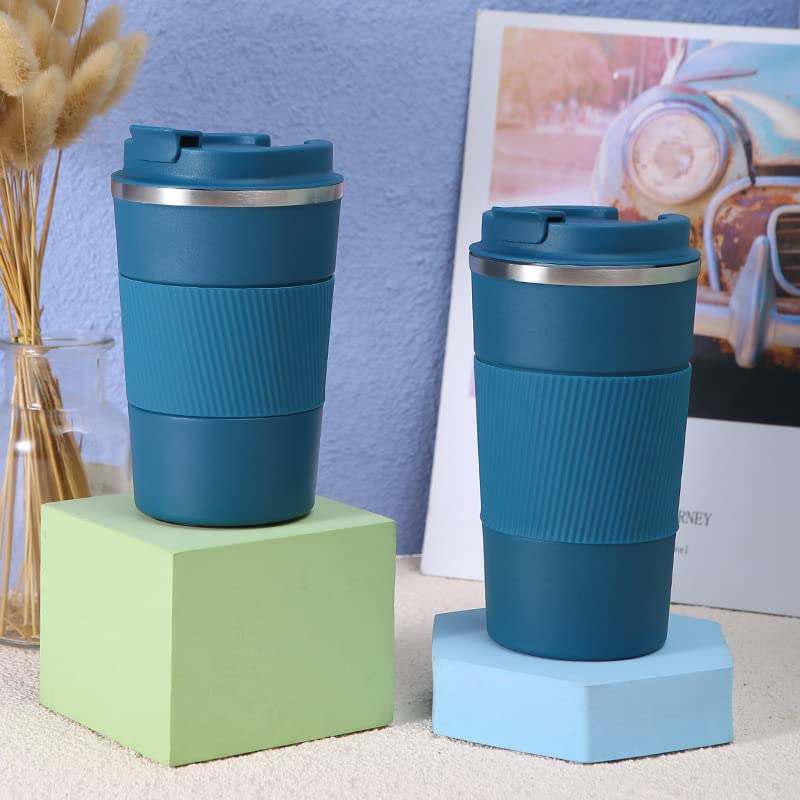 Wosta Travel Mug, Insulated Coffee Cup with Leakproof Lid,Vacuum Insulation Stainless Steel Reusable for Hot Cold Coffee, Non-Slip Protective Cover, (Blue, 510 Ml & Cleaning Brush) - Image 4