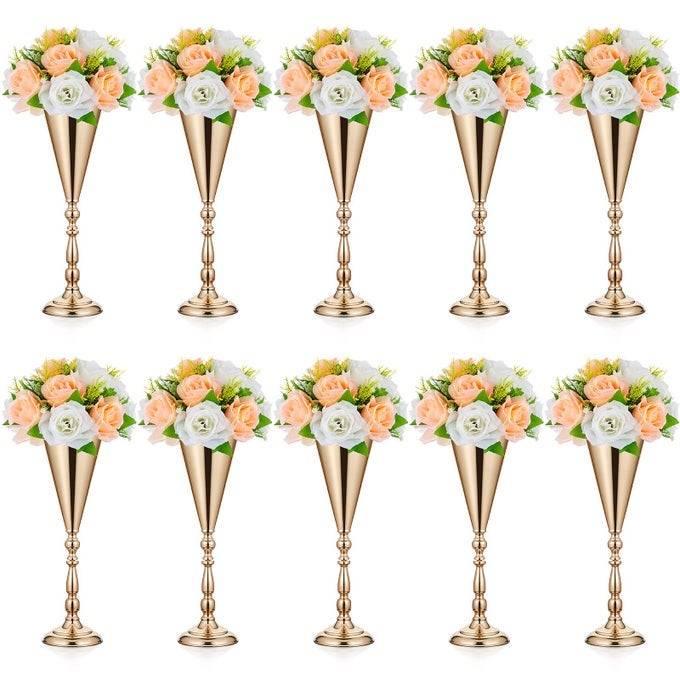 10 PCS GOLD VASE BULK WEDDING CENTERPIECE TABLE DECORATIONS METAL FLOWER ARRANGEMENT STAND FOR RECEPTION 165 INCH TRUMPET TALL FLOWER VASE FOR BIRTHDAY WEDDINGS ANNIVERSARY HOME DECORATION