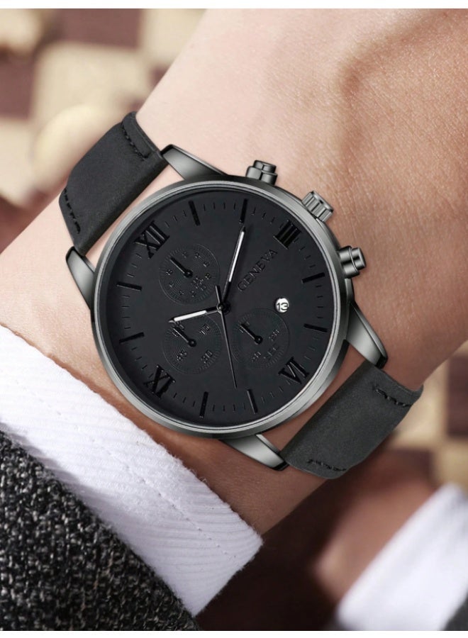 Geneva Men's Quartz Watch, Casual Business Style, Retro Dial, Calendar Function, Black - Image 1