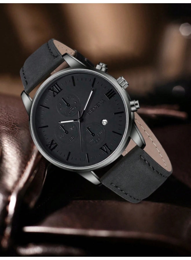 Geneva Men's Quartz Watch, Casual Business Style, Retro Dial, Calendar Function, Black - Image 3