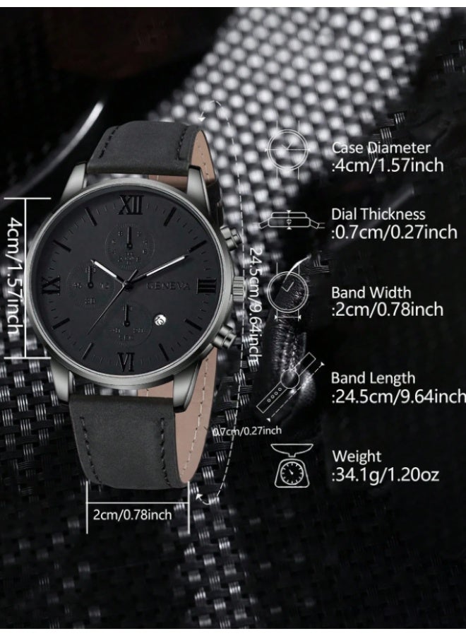 Geneva Men's Quartz Watch, Casual Business Style, Retro Dial, Calendar Function, Black - Image 2