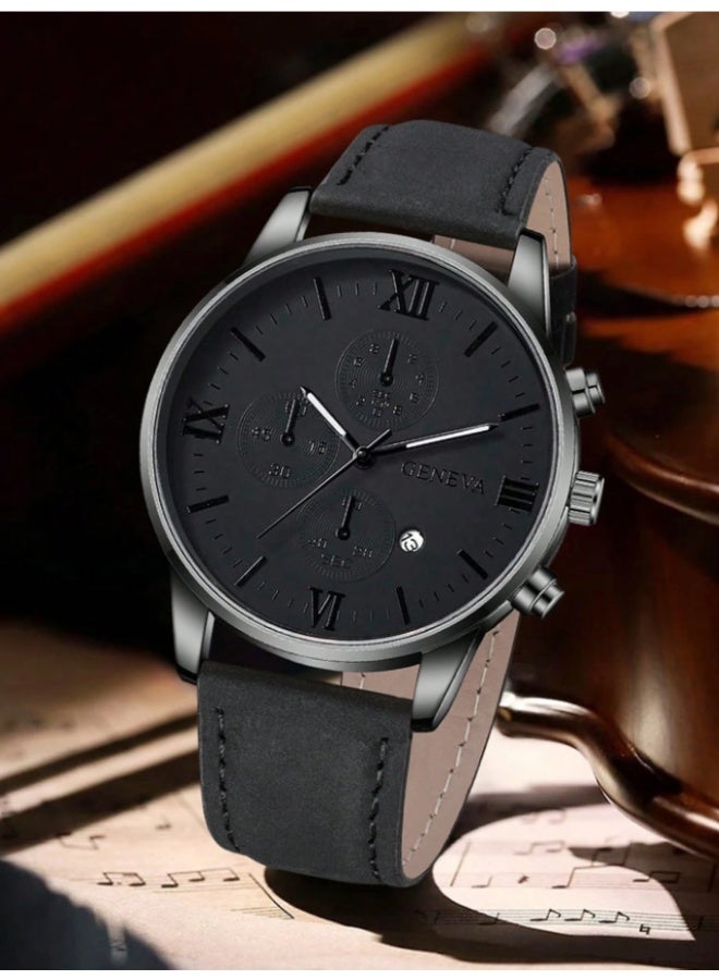 Geneva Men's Quartz Watch, Casual Business Style, Retro Dial, Calendar Function, Black - Image 5