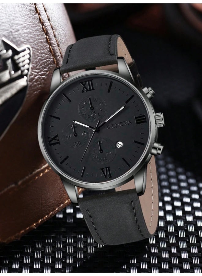 Geneva Men's Quartz Watch, Casual Business Style, Retro Dial, Calendar Function, Black - Image 4
