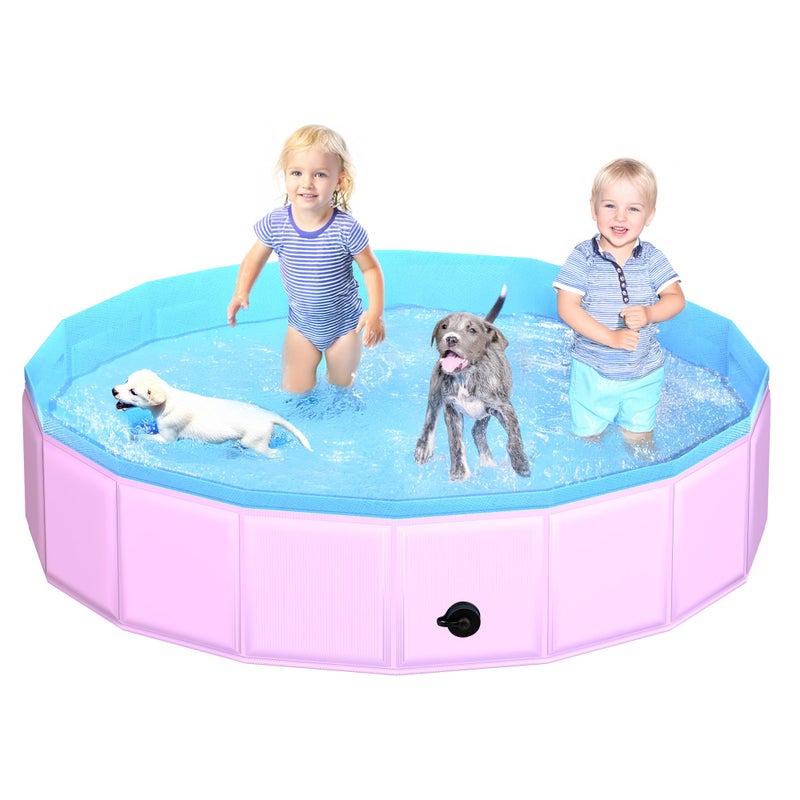 CACSPS 2025 Updated Foldable Dog Pool, 79" x 12" Kiddie Pool with Hard Plastic, Non-Slip Dog Bath Tub for Outdoor Backyard, Collapsible Dog Swimming Pool for Kids Dogs Pets (Pink) - Image 1