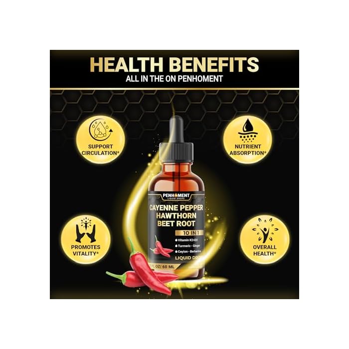 Penhoment 10 في 1 قطرات سائلة من فلفل كايين + توت الزعرور، جذر الشمندر، كركم، زنجبيل والمزيد - 2 أونصة سائلة - إمداد لمدة شهرين - Image 4