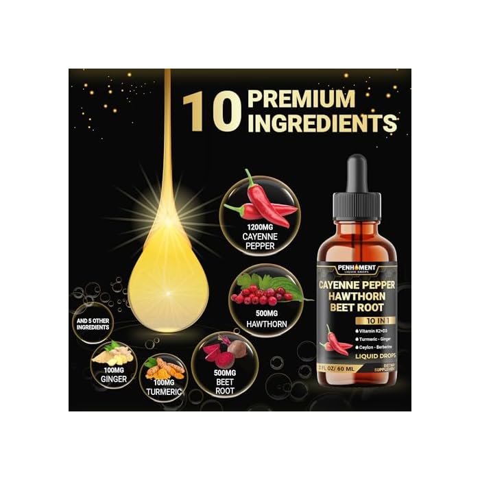 Penhoment 10 في 1 قطرات سائلة من فلفل كايين + توت الزعرور، جذر الشمندر، كركم، زنجبيل والمزيد - 2 أونصة سائلة - إمداد لمدة شهرين - Image 3