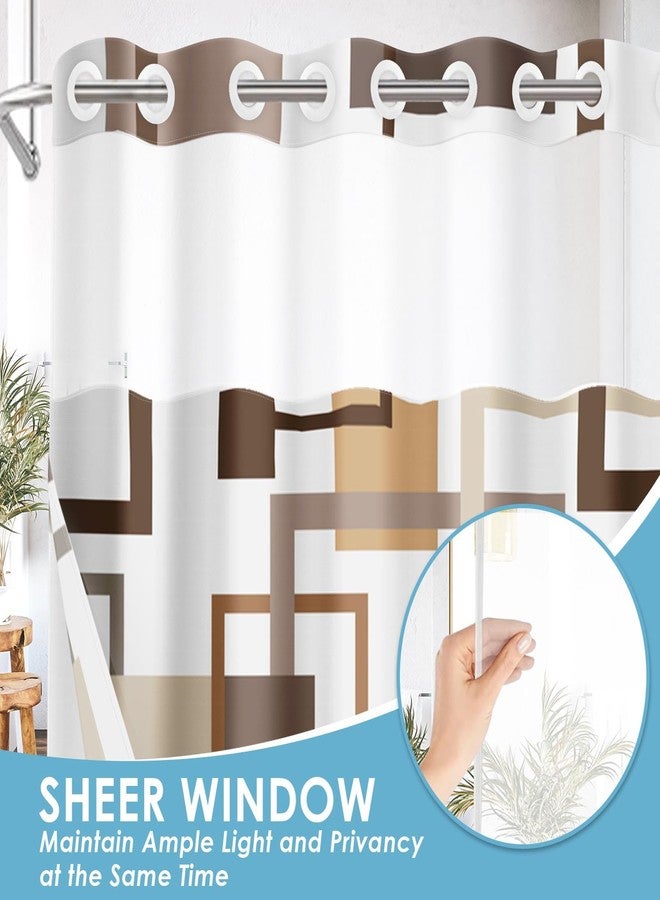 Nesphy No Hook Brown Geometric Vintage Checkered Shower Curtain with Snap in Fabric Liner Set, Double Layers Waterproof Fabric with See Through Top Window Open Grommet Bath Curtain 71x74 Inch - Image 3