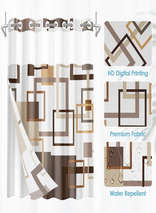 Nesphy No Hook Brown Geometric Vintage Checkered Shower Curtain with Snap in Fabric Liner Set, Double Layers Waterproof Fabric with See Through Top Window Open Grommet Bath Curtain 71x74 Inch - Image 4