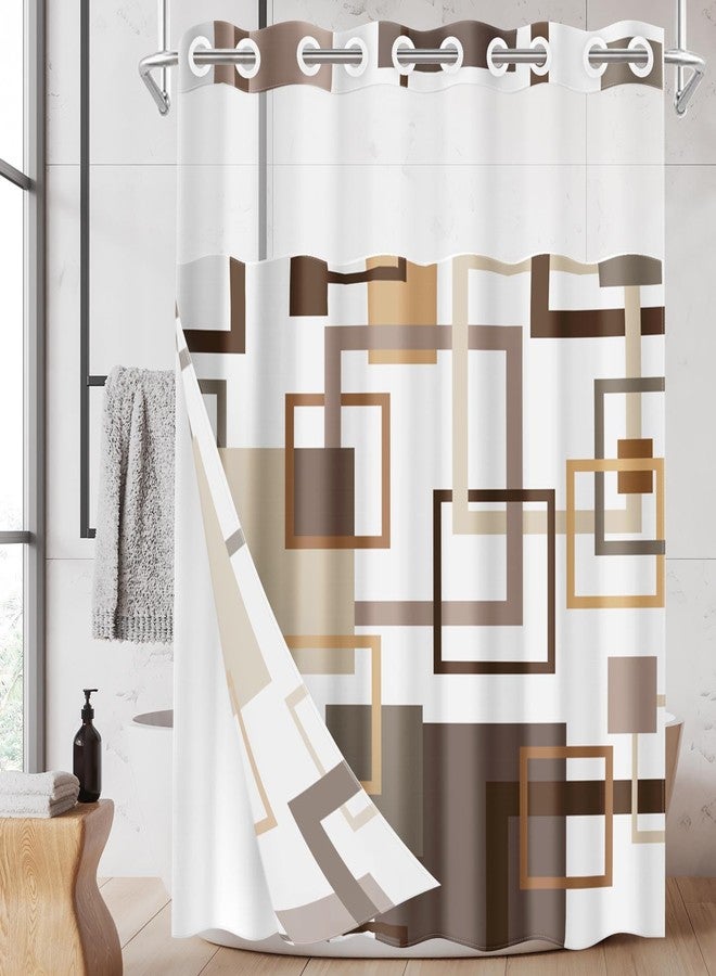 Nesphy No Hook Brown Geometric Vintage Checkered Shower Curtain with Snap in Fabric Liner Set, Double Layers Waterproof Fabric with See Through Top Window Open Grommet Bath Curtain 71x74 Inch - Image 1
