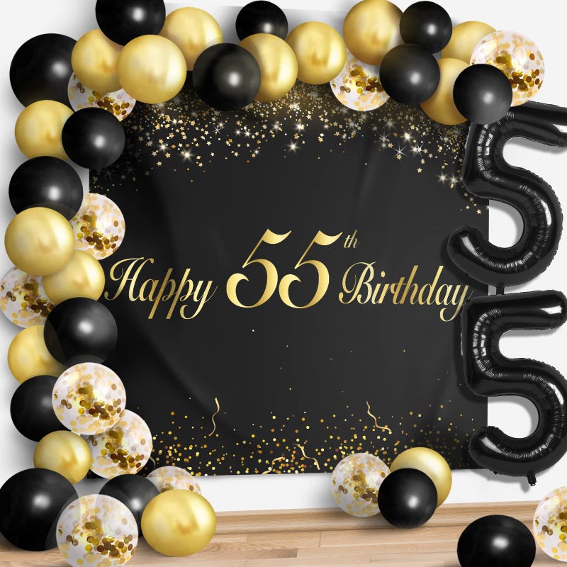 LINGPAR Happy 55th Birthday Balloons Black Set Decor Cheers to 55 Years Old Party Theme Garland Banner Backdrop Decorations For Women and Men Supplies - Image 3