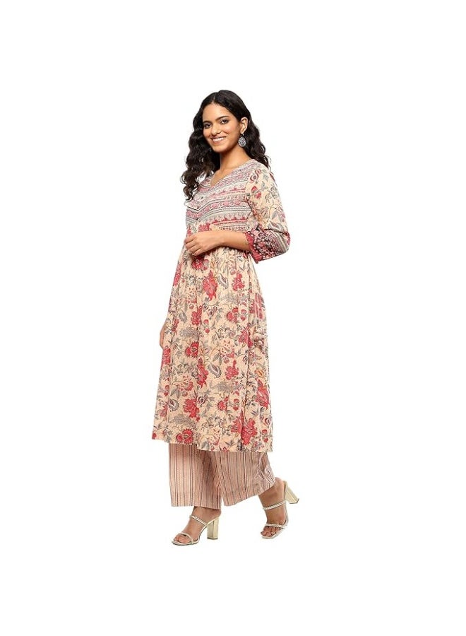 BIBA Women Cotton Floral Printed Gathered A-Line Kurta With pant s - Image 3